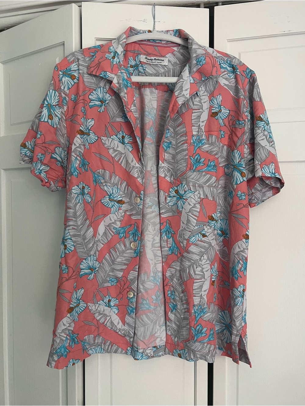 Tommy Bahama Coral Button-Up with Blue Floral Print